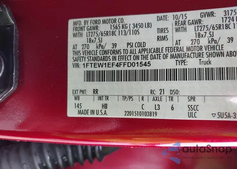 2015 Ford F-150 Lariat z USA, uszkodzony, nr VIN 1FTEW1EF4FFD01545